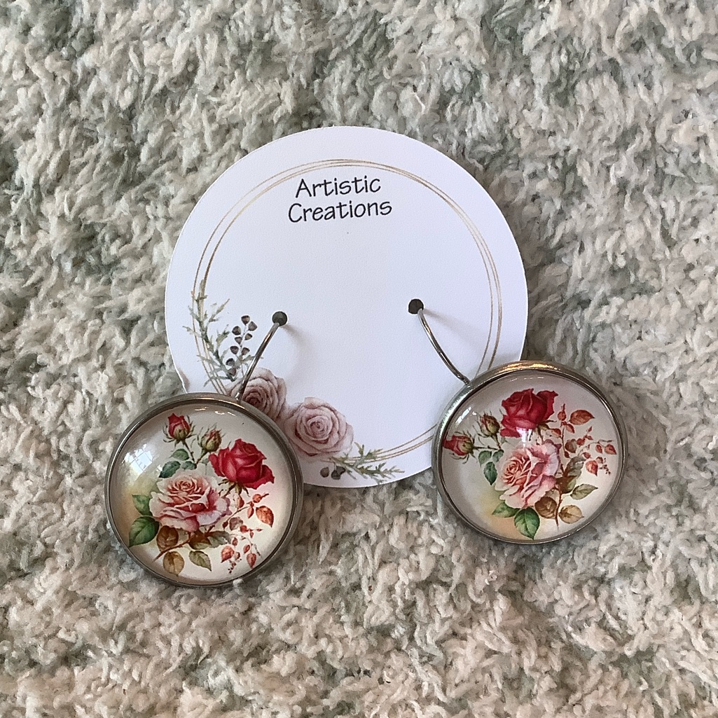 Roses Floral Glass Cabachon Pierced Lever Back Earrings Nwt Handcrafted